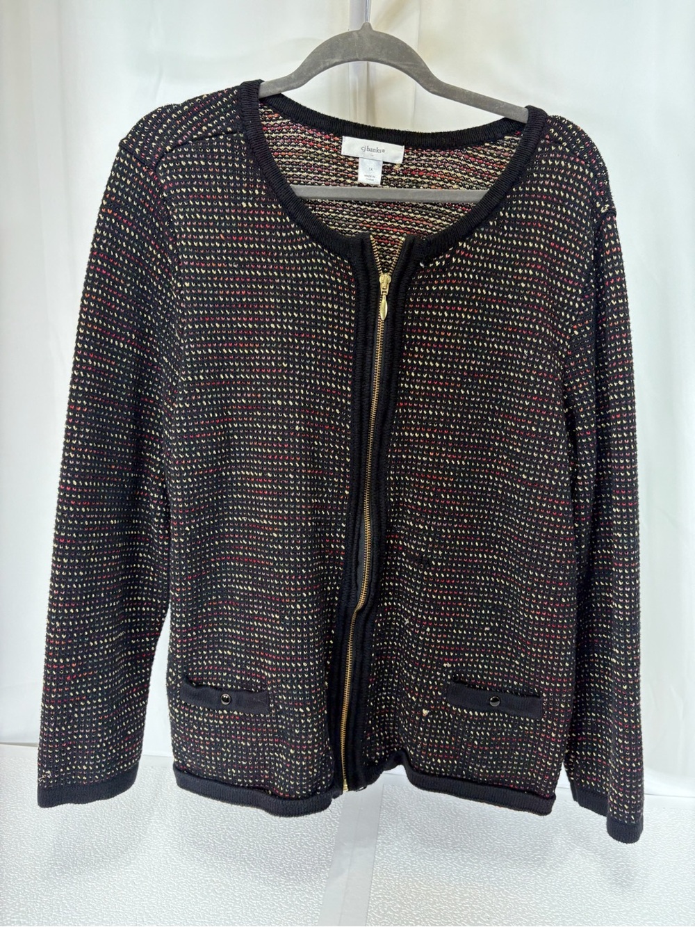 CJ Banks Black Tweed Zip Jacket with Subtle Multicolor Threading 4035